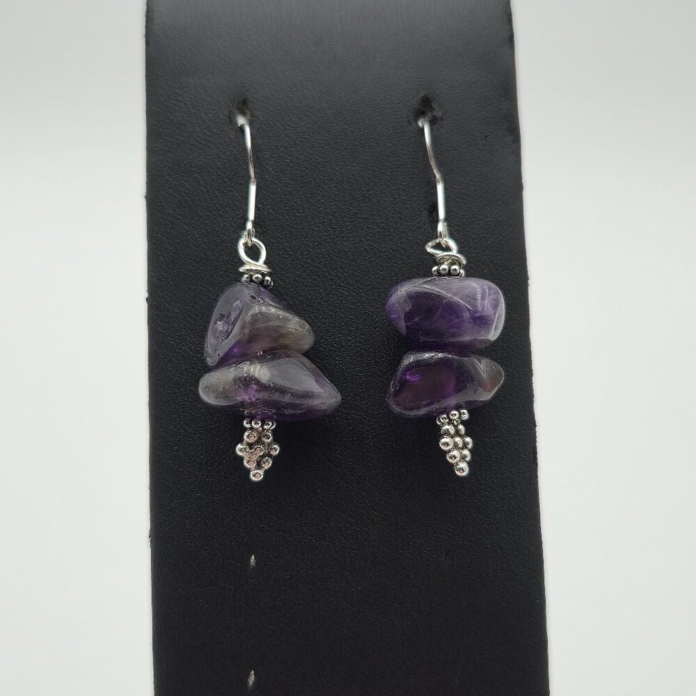 Sterling Silver Amethyst Stacked Stones Dangle Earrings A4319